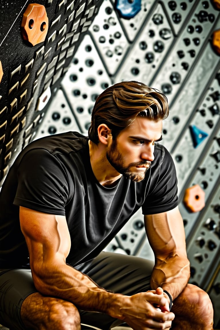 Describe the serene concentration of a 30-something British man, a seasoned white rock climber, as he sits cross-legged before a challenging bouldering wall. Dressed in rock climbing shoes, a crisp white T-shirt, and black shorts, he exudes a calm determination. With focused eyes, he gazes up at the intricate features of the bouldering wall, contemplating his next ascent. Explore the thoughts and emotions that dance within his mind, capturing the essence of the quiet intensity that surrounds this moment of preparation for the upcoming climb,Movie Still,Stylish