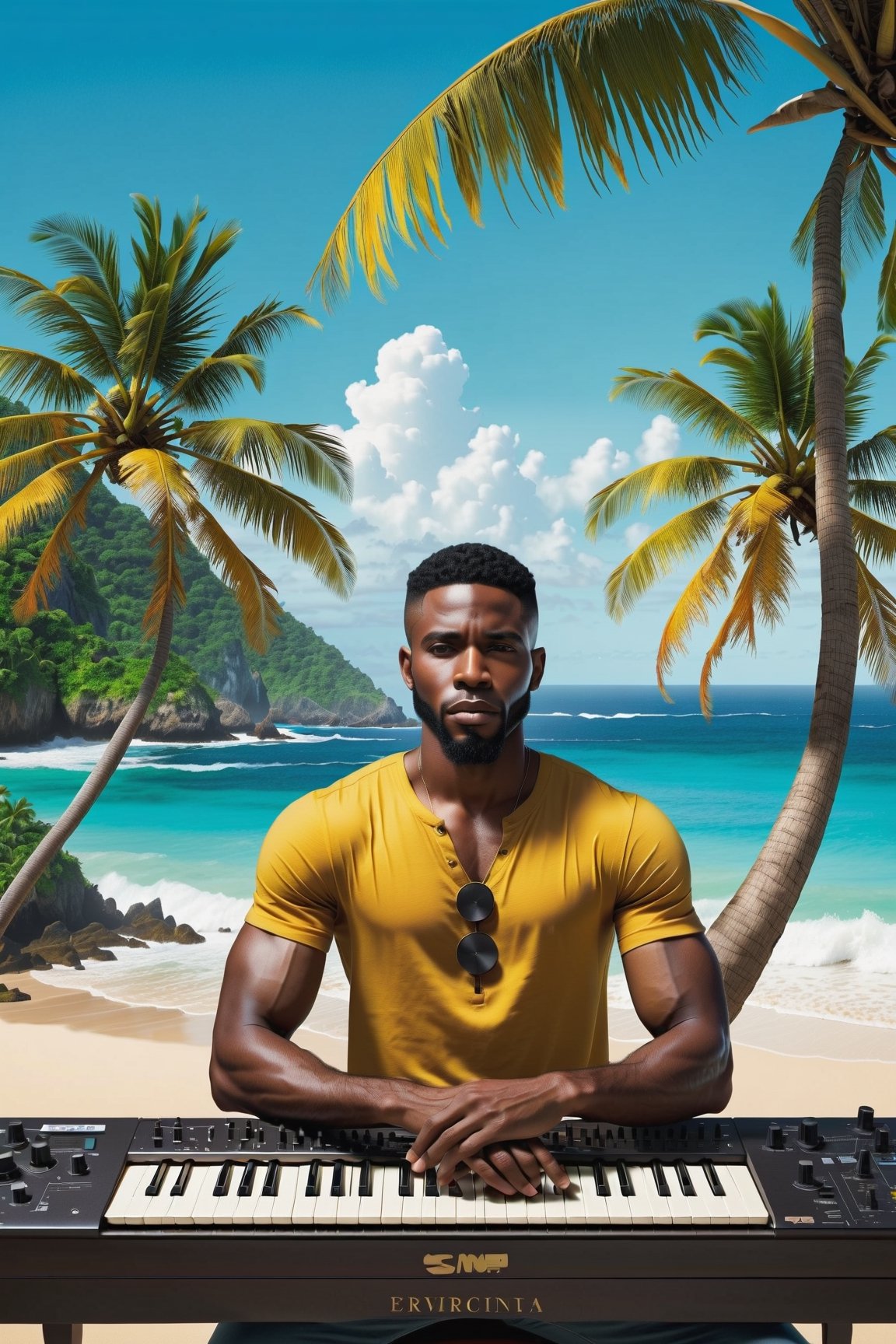 an African American music producer in a serene coastal setting. Imagine a male musician surrounded by electronic music production equipment, instruments, and gear outdoors, against the backdrop of a beach with coconut trees. Highlight the positivity radiating from the artist and emphasize his short hair and rich, dark skin tone. Encourage the portrayal of a scene where this talented African American musician is deeply engaged in the creative process, expressing his love for music within the beauty of the natural surroundings.






Craft a stable diffusion prompt centered around an African American music producer in a serene coastal setting. Imagine a male musician surrounded by electronic music production equipment, instruments, and gear outdoors, against the backdrop of a beach with coconut trees. Highlight the positivity radiating from the artist and emphasize his short hair and rich, dark skin tone. Encourage the portrayal of a scene where this talented African American musician is deeply engaged in the creative process, expressing his love for music within the beauty of the natural surroundings