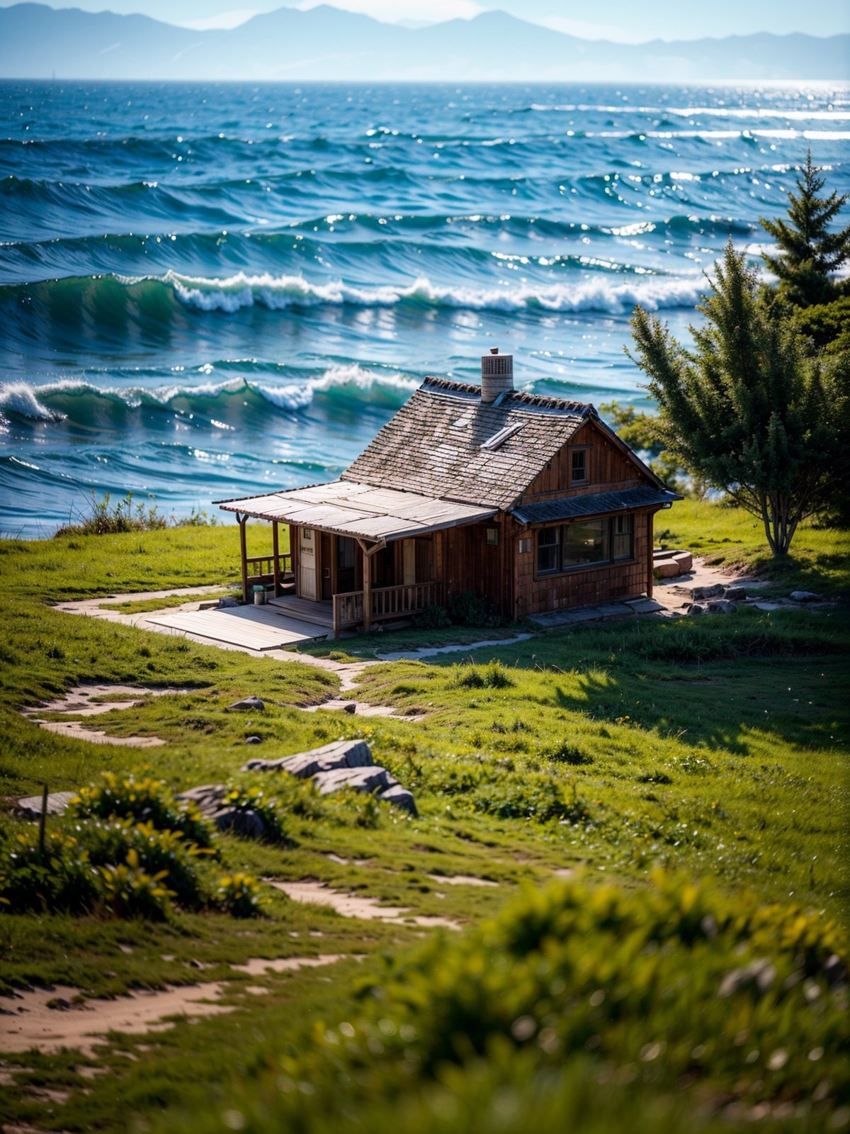 light house, by the sea, rock,wood house,grass,  (masterpiece),((ultra-detailed)), (highly detailed CG illustration),(expressionless), (best quality:1.2), High quality texture, intricate details, detailed texture, High quality shadow, Cinematic Light, Depth of field, light source contrast, perspective,20s, (ulzzang-6500-v1.1:0.5), , ,