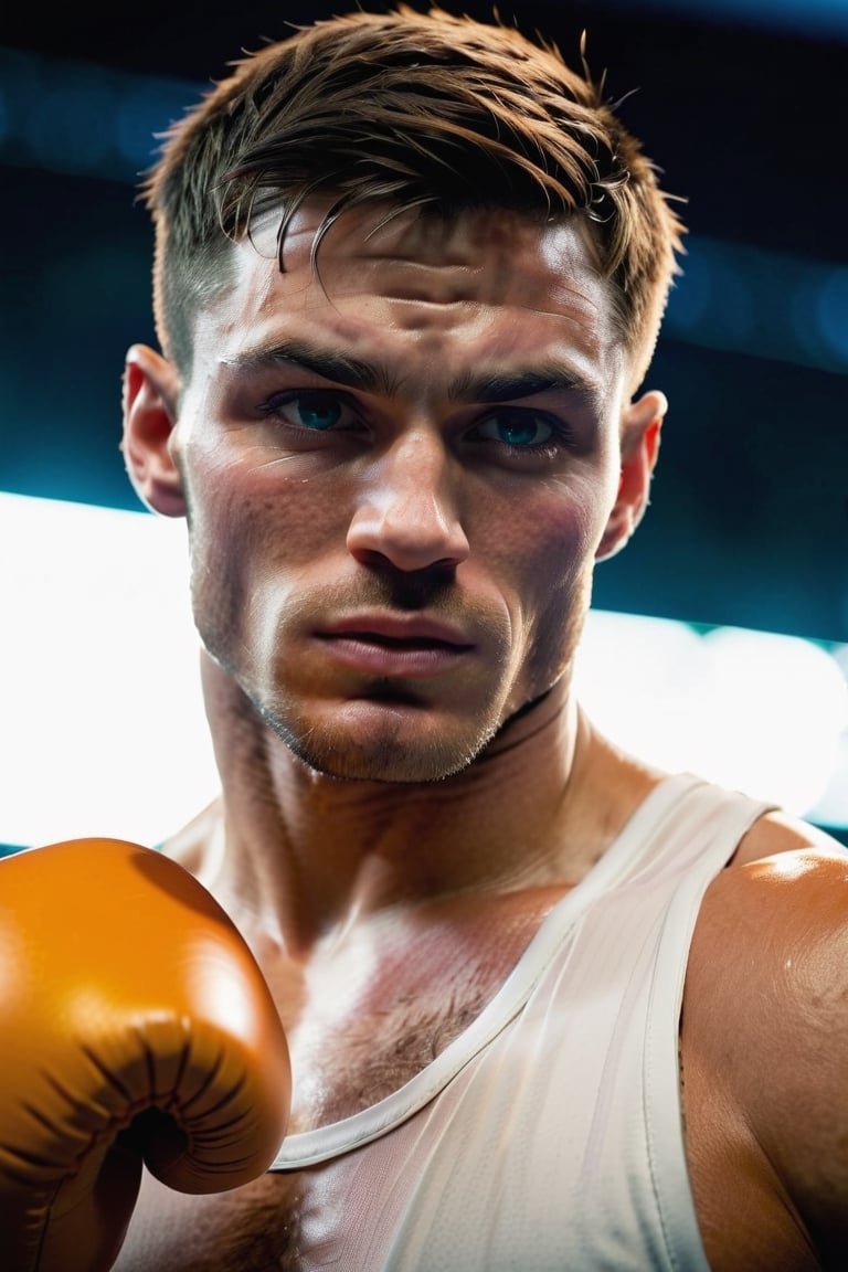 Describe the scene of a victorious moment in a boxing ring. A man in his early 30s, with a clean-shaven face and piercing blue eyes, stands confidently in the center of the ring. He's a British boxer who has just emerged victorious in a fierce battle, proudly donning a white boxing robe. The scent of sweat and adrenaline fills the air as he looks down at his defeated opponent, his orange boxing gloves still raised in triumph. Capture the intensity of the moment, the emotions etched on the boxer's face, and the atmosphere of the boxing ring after a hard-fought victory,clean face, blue_eyes,realistic