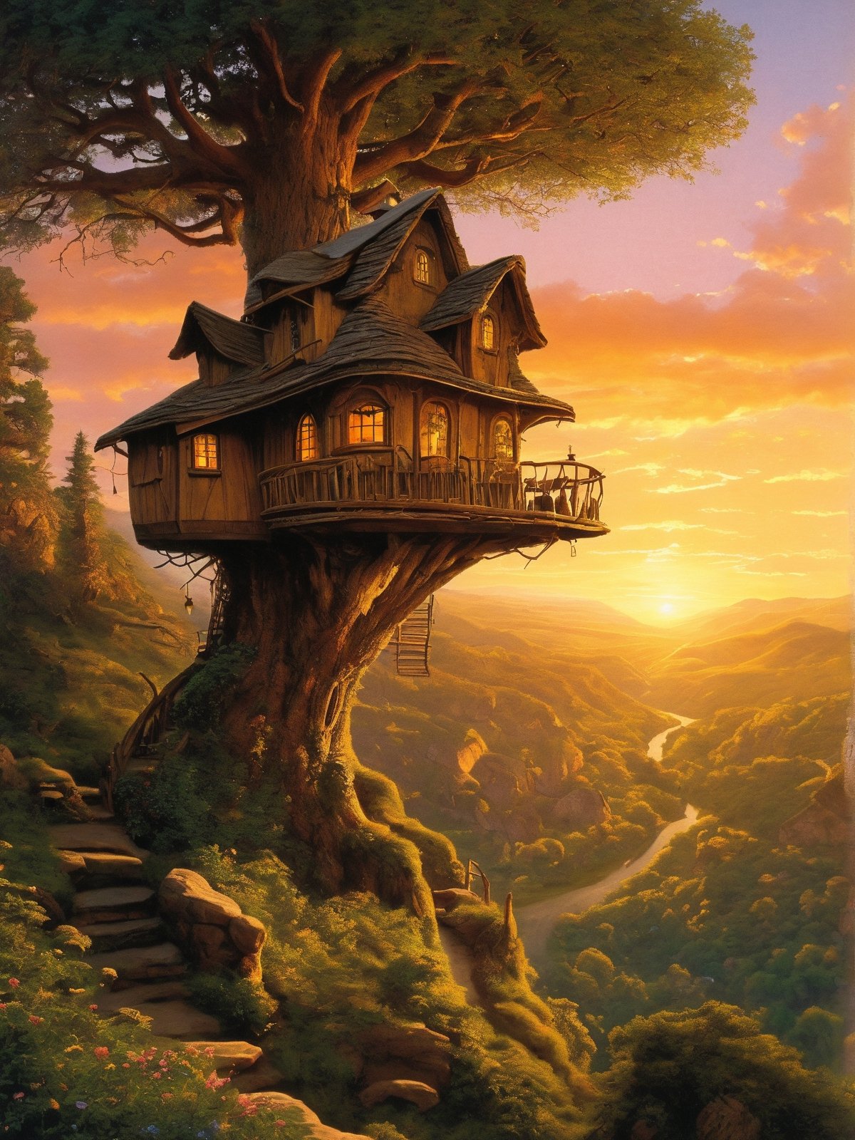 valley, fairytale treehouse village covered, , matte painting, highly detailed, dynamic lighting, cinematic, realism, realistic, photo real, sunset, detailed, high contrast, denoised, centered, michael whelan