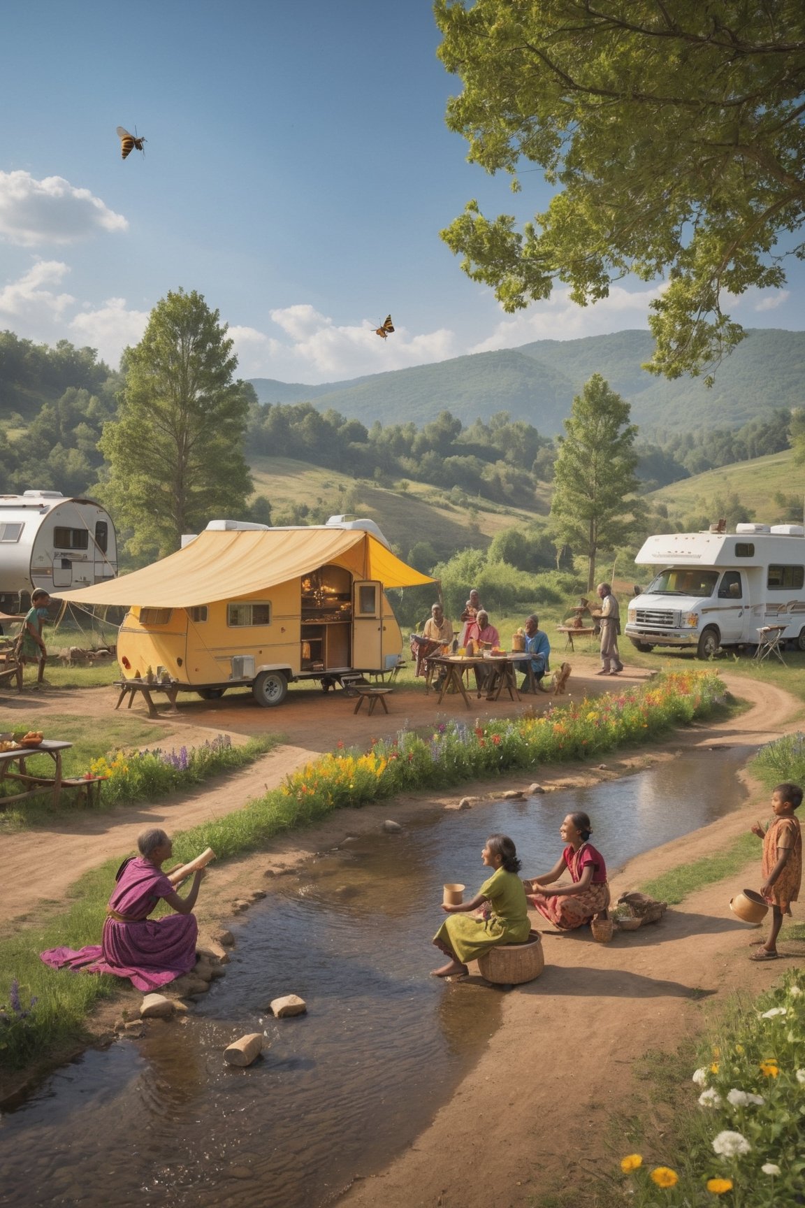 Scene: A serene, sun-drenched valley nestled amidst rolling hills. A semicircle of vibrant RVs and trailers, their roofs adorned with gleaming solar panels and gentle wind turbines, forms a cozy community. In the heart of the semicircle, a crackling campfire casts warm hues on laughter-filled faces.

Foreground:

Villagers of all ages gather around the campfire, their voices blending in joyful conversation. Musicians strum guitars and tap on drums, their melodies weaving through the air. Children twirl and dance, their laughter echoing like wind chimes.
A communal table laden with fresh-baked bread, colorful fruits, and steaming mugs of tea invites sharing and laughter. A playful dog bounds between the legs of villagers, tail wagging like a metronome.
Smoke from the campfire dances upwards, carrying the scent of pine and roasted marshmallows. The air is alive with the chirping of crickets and the rustling of leaves.
Background:

Sunlight bathes the RVs and trailers in warm gold, reflecting off their polished surfaces. Clotheslines strung between them flutter with brightly colored garments.
In the distance, a rustic garden flourishes with vegetables and herbs, tended to by villagers with sun-kissed faces. Wind turbines gently spin atop a nearby hill, their blades whispering in the breeze.
A meandering stream glistens like a ribbon in the sunlight, its banks dotted with wildflowers and buzzing with bees.
Mood:

Peaceful, joyful, and harmonious. A sense of community and self-sufficiency radiates from the scene.
Capture the vibrant colors of the RVs, the warm glow of the campfire, and the carefree expressions on the villagers' faces.
Let the music and laughter dance through the image, creating a sense of movement and life.