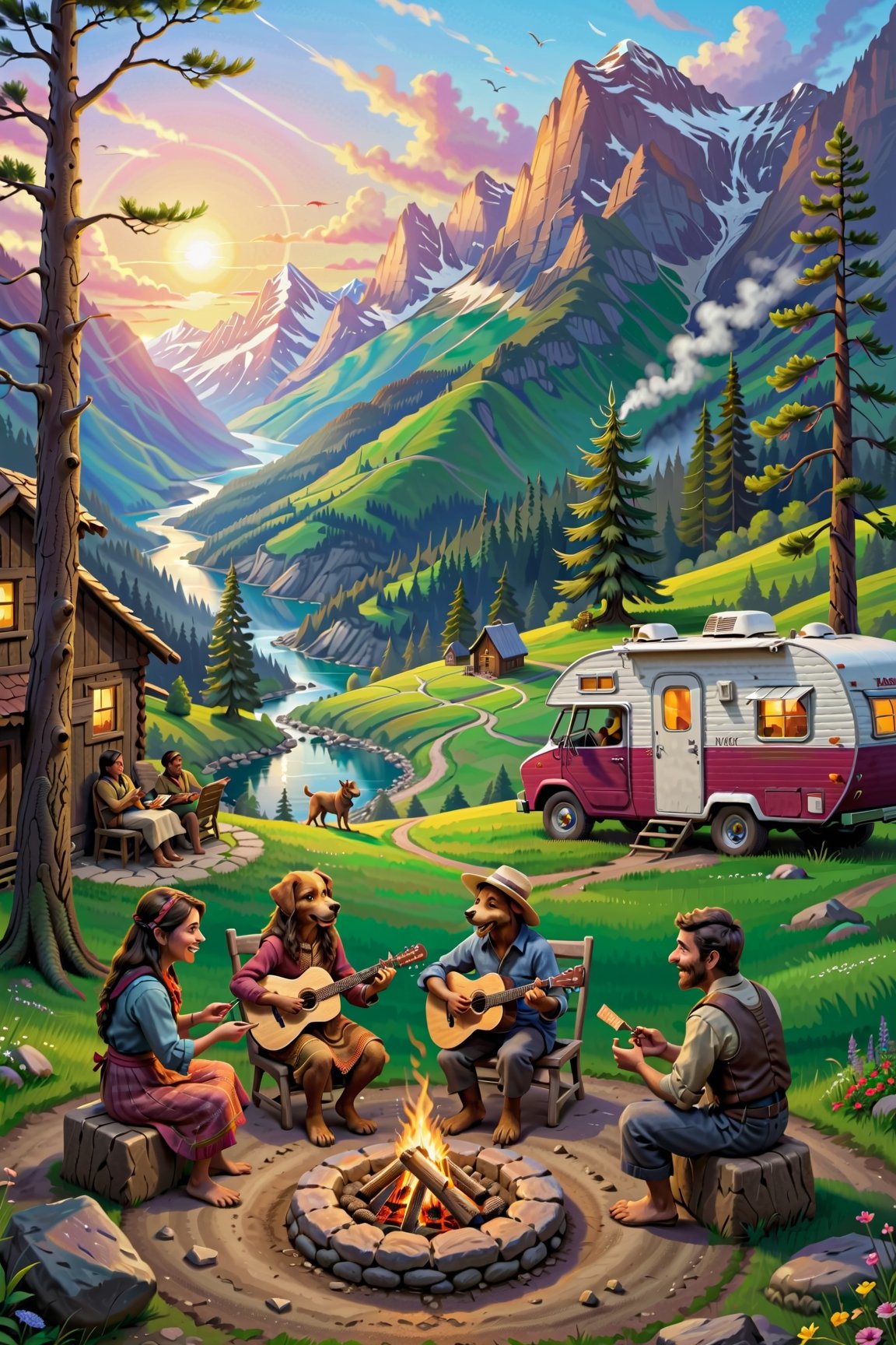 Generates an image described below： A serene, sun-drenched valley nestled amidst rolling hills. A semicircle of vibrant RVs and trailers, their roofs adorned with gleaming solar panels and gentle wind turbines, forms a cozy community. In the heart of the semicircle, a crackling campfire casts warm hues on laughter-filled faces.

Foreground:

Villagers of all ages gather around the campfire, their voices blending in joyful conversation. Musicians strum guitars and tap on drums, their melodies weaving through the air. Children twirl and dance, their laughter echoing like wind chimes.
A communal table laden with fresh-baked bread, colorful fruits, and steaming mugs of tea invites sharing and laughter. A playful dog bounds between the legs of villagers, tail wagging like a metronome.
Smoke from the campfire dances upwards, carrying the scent of pine and roasted marshmallows. The air is alive with the chirping of crickets and the rustling of leaves.
Background:

Sunlight bathes the RVs and trailers in warm gold, reflecting off their polished surfaces. Clotheslines strung between them flutter with brightly colored garments.
In the distance, a rustic garden flourishes with vegetables and herbs, tended to by villagers with sun-kissed faces. Wind turbines gently spin atop a nearby hill, their blades whispering in the breeze.
A meandering stream glistens like a ribbon in the sunlight, its banks dotted with wildflowers and buzzing with bees.
Mood:

Peaceful, joyful, and harmonious. A sense of community and self-sufficiency radiates from the scene.
Capture the vibrant colors of the RVs, the warm glow of the campfire, and the carefree expressions on the villagers' faces.
Let the music and laughter dance through the image, creating a sense of movement and life.