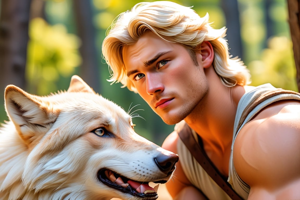 (Photorealistic), (portrait of Blake), (handsome blonde man), (muscular physique), (assertive yet kind expression), (falling in love), (white wolf princess), (emotional connection), (learning and growth), (dominance to empathy transition), (little brothers' sacrifice), (updating from hierarchy to wolf pack equality), (true king), (better world), (emotional atmosphere), (soft natural lighting), (detailed facial features), (emotionally resonant scene), (storytelling composition)