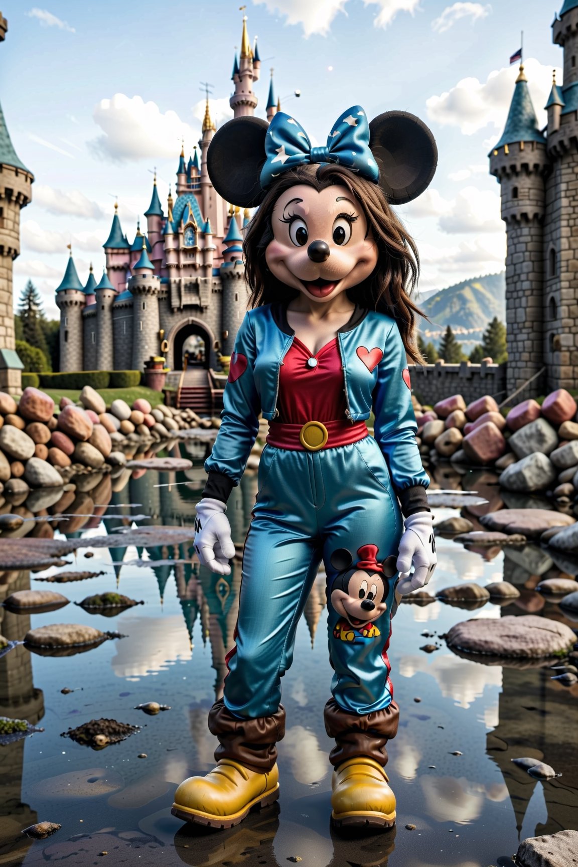 1girl (dynamic angle, highest detailed) woman ((wearing mickey ears)) in apocalyptic wasteland disneyland in daylight, bokeh, light passing through hair ((wearing neon blue vaultsuit)) (messy hair)   in disney with mickey ears  xs-wasteland-style   (((1 disney castle behind with nuke))) (((mickey mouse plushie in floor))) (((disney behind burning)))