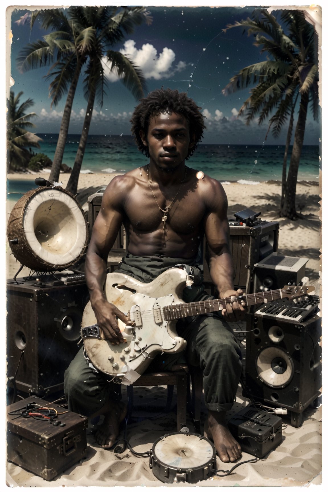 Craft a stable diffusion prompt centered around an African American music producer in a serene coastal setting. Imagine a male musician surrounded by electronic music production equipment, instruments, and gear outdoors, against the backdrop of a beach with coconut trees. Highlight the positivity radiating from the artist and emphasize his short hair and rich, dark skin tone. Encourage the portrayal of a scene where this talented African American musician is deeply engaged in the creative process, expressing his love for music within the beauty of the natural surroundings.






Craft a stable diffusion prompt centered around an African American music producer in a serene coastal setting. Imagine a male musician surrounded by electronic music production equipment, instruments, and gear outdoors, against the backdrop of a beach with coconut trees. Highlight the positivity radiating from the artist and emphasize his short hair and rich, dark skin tone. Encourage the portrayal of a scene where this talented African American musician is deeply engaged in the creative process, expressing his love for music within the beauty of the natural surroundings