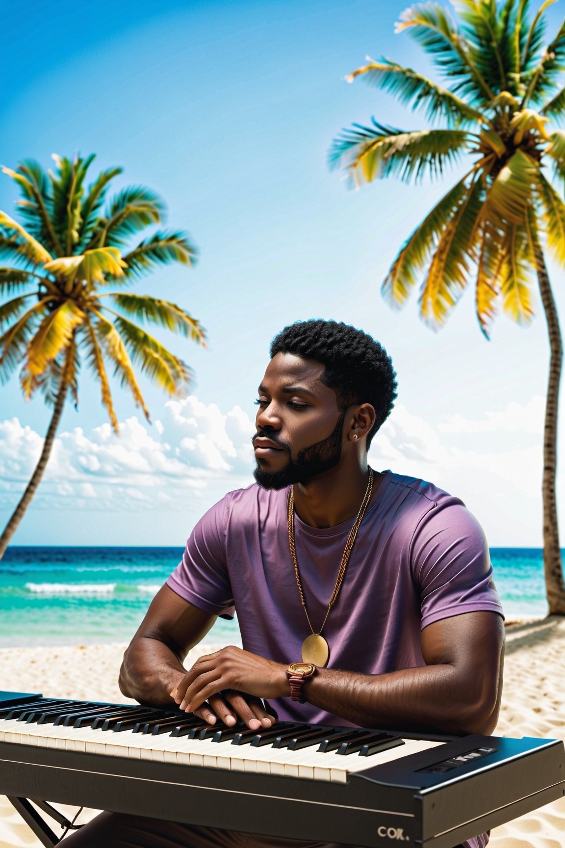 an African American music producer in a serene coastal setting. Imagine a male musician surrounded by electronic music production equipment, instruments, and gear outdoors, against the backdrop of a beach with coconut trees. Highlight the positivity radiating from the artist and emphasize his short hair and rich, dark skin tone. Encourage the portrayal of a scene where this talented African American musician is deeply engaged in the creative process, expressing his love for music within the beauty of the natural surroundings.






Craft a stable diffusion prompt centered around an African American music producer in a serene coastal setting. Imagine a male musician surrounded by electronic music production equipment, instruments, and gear outdoors, against the backdrop of a beach with coconut trees. Highlight the positivity radiating from the artist and emphasize his short hair and rich, dark skin tone. Encourage the portrayal of a scene where this talented African American musician is deeply engaged in the creative process, expressing his love for music within the beauty of the natural surroundings