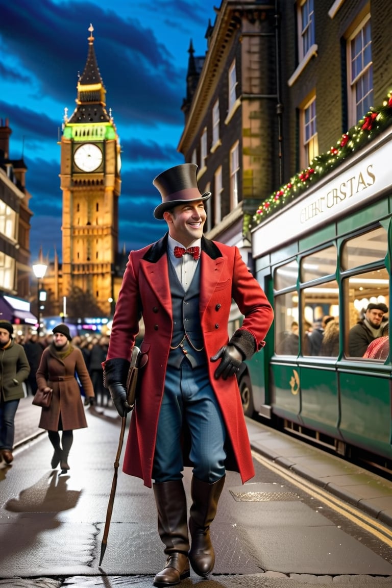 Craft a heartwarming narrative capturing the joyous spirit of Christmas in the bustling streets near London's iconic Big Ben. Focus on a lively and cheerful British man in his 30s, radiating happiness amidst the festive setting. Dressed in trade attire adorned with the unmistakable Union Jack pattern, this male character adds a touch of national pride to the scenic surroundings. Immerse the reader in the vibrant atmosphere of the season, with the Big Ben standing tall in the background. Convey the contagious merriment as the character interacts with the festive holiday crowd. Explore the sights, sounds, and emotions of this Christmas street scene, making the reader feel the warmth and unity of the holiday season in the heart of London