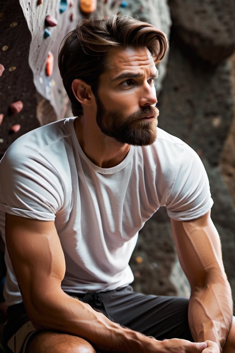 Describe the serene concentration of a 30-something British man, a seasoned white rock climber, as he sits cross-legged before a challenging bouldering wall. Dressed in rock climbing shoes, a crisp white T-shirt, and black shorts, he exudes a calm determination. With focused eyes, he gazes up at the intricate features of the bouldering wall, contemplating his next ascent. Explore the thoughts and emotions that dance within his mind, capturing the essence of the quiet intensity that surrounds this moment of preparation for the upcoming climb,Movie Still