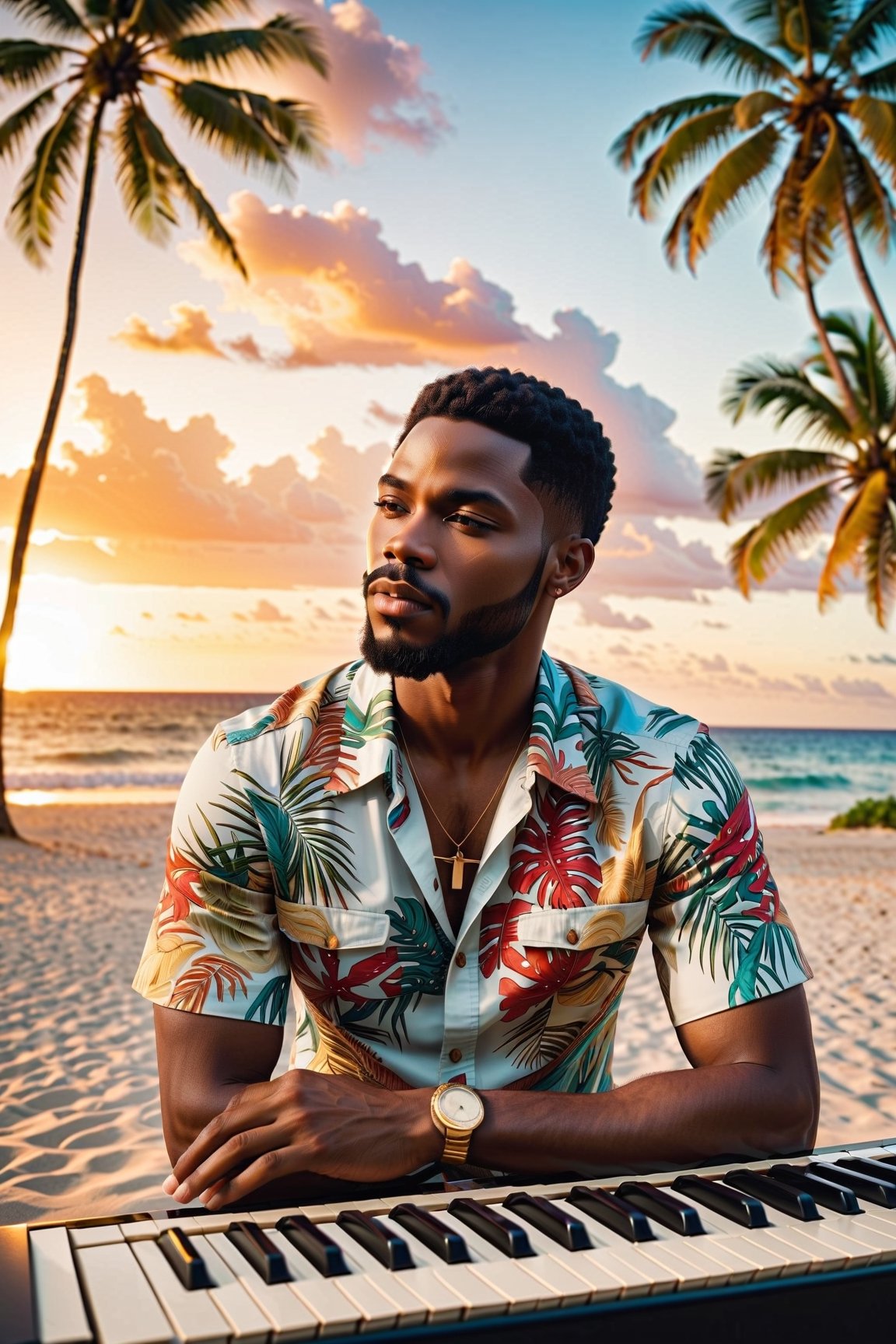 an African American music producer in a serene coastal setting. Imagine a male musician surrounded by electronic music production equipment, instruments, and gear outdoors, against the backdrop of a beach with coconut trees. Highlight the positivity radiating from the artist and emphasize his short hair and rich, dark skin tone. Encourage the portrayal of a scene where this talented African American musician is deeply engaged in the creative process, expressing his love for music within the beauty of the natural surroundings.






Craft a stable diffusion prompt centered around an African American music producer in a serene coastal setting. Imagine a male musician surrounded by electronic music production equipment, instruments, and gear outdoors, against the backdrop of a beach with coconut trees. Highlight the positivity radiating from the artist and emphasize his short hair and rich, dark skin tone. Encourage the portrayal of a scene where this talented African American musician is deeply engaged in the creative process, expressing his love for music within the beauty of the natural surroundings