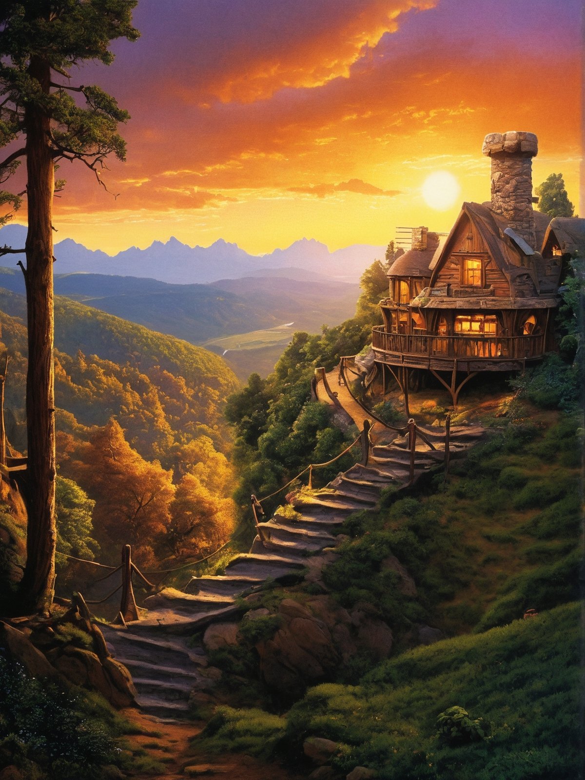 valley, fairytale treehouse village covered, , matte painting, highly detailed, dynamic lighting, cinematic, realism, realistic, photo real, sunset, detailed, high contrast, denoised, centered, michael whelan