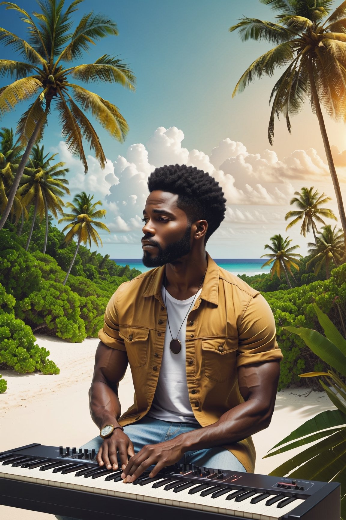 an African American music producer in a serene coastal setting. Imagine a male musician surrounded by electronic music production equipment, instruments, and gear outdoors, against the backdrop of a beach with coconut trees. Highlight the positivity radiating from the artist and emphasize his short hair and rich, dark skin tone. Encourage the portrayal of a scene where this talented African American musician is deeply engaged in the creative process, expressing his love for music within the beauty of the natural surroundings.






Craft a stable diffusion prompt centered around an African American music producer in a serene coastal setting. Imagine a male musician surrounded by electronic music production equipment, instruments, and gear outdoors, against the backdrop of a beach with coconut trees. Highlight the positivity radiating from the artist and emphasize his short hair and rich, dark skin tone. Encourage the portrayal of a scene where this talented African American musician is deeply engaged in the creative process, expressing his love for music within the beauty of the natural surroundings