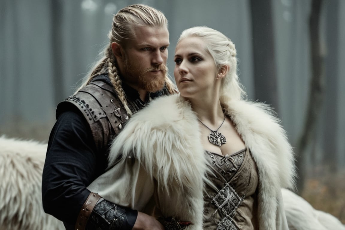 (Realistic-style portrait), (Viking king in his 30s wearing pirate-inspired attire), (Viking princess in her 20s with white hair, wearing pirate-inspired attire), (regal and commanding expressions), (intertwined hands or standing side by side), (detailed Viking pirate clothing), (rich textures and intricate details), (natural and realistic lighting), (fusion of Viking and pirate aesthetics), (royal atmosphere), (authentic character portrayal), (epic composition), (white wolf pack in the background), (detailed fur textures), (forest landscape with moonlight), (highly detailed artwork), (historical and fantasy fusion),photo r3al