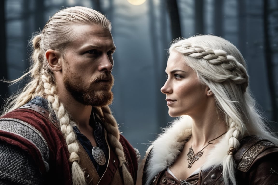 (Realistic-style portrait), (Viking king in his 30s wearing pirate-inspired attire), (Viking princess in her 20s with white hair, wearing pirate-inspired attire), (regal and commanding expressions), (intertwined hands or standing side by side), (detailed Viking pirate clothing), (rich textures and intricate details), (natural and realistic lighting), (fusion of Viking and pirate aesthetics), (royal atmosphere), (authentic character portrayal), (epic composition), (white wolf pack in the background), (detailed fur textures), (forest landscape with moonlight), (highly detailed artwork), (historical and fantasy fusion),photo r3al