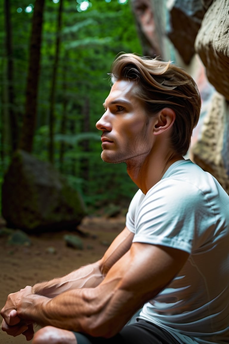 Describe the serene concentration of a 30-something British man, a seasoned white rock climber, as he sits cross-legged before a challenging bouldering wall. Dressed in rock climbing shoes, a crisp white T-shirt, and black shorts, he exudes a calm determination. With focused eyes, he gazes up at the intricate features of the bouldering wall, contemplating his next ascent. Explore the thoughts and emotions that dance within his mind, capturing the essence of the quiet intensity that surrounds this moment of preparation for the upcoming climb,Movie Still,Stylish,clean face,