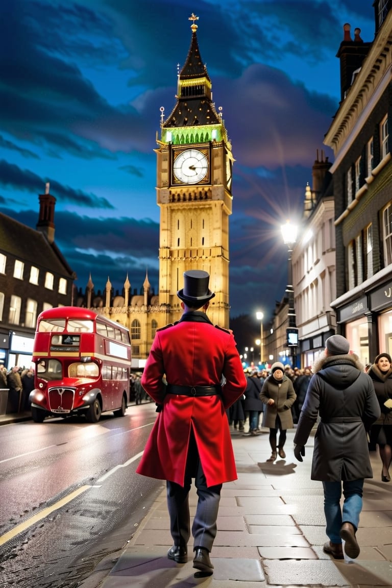 Craft a heartwarming narrative capturing the joyous spirit of Christmas in the bustling streets near London's iconic Big Ben. Focus on a lively and cheerful British man in his 30s, radiating happiness amidst the festive setting. Dressed in trade attire adorned with the unmistakable Union Jack pattern, this male character adds a touch of national pride to the scenic surroundings. Immerse the reader in the vibrant atmosphere of the season, with the Big Ben standing tall in the background. Convey the contagious merriment as the character interacts with the festive holiday crowd. Explore the sights, sounds, and emotions of this Christmas street scene, making the reader feel the warmth and unity of the holiday season in the heart of London