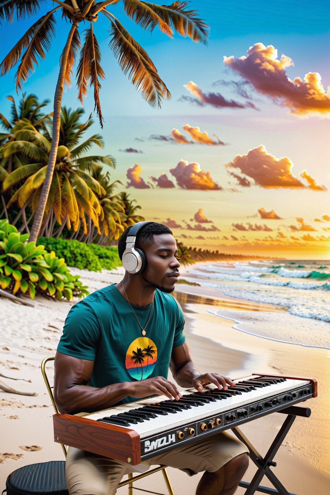 an African American music producer in a serene coastal setting. Imagine a male musician surrounded by electronic music production equipment, instruments, and gear outdoors, against the backdrop of a beach with coconut trees. Highlight the positivity radiating from the artist and emphasize his short hair and rich, dark skin tone. Encourage the portrayal of a scene where this talented African American musician is deeply engaged in the creative process, expressing his love for music within the beauty of the natural surroundings.






Craft a stable diffusion prompt centered around an African American music producer in a serene coastal setting. Imagine a male musician surrounded by electronic music production equipment, instruments, and gear outdoors, against the backdrop of a beach with coconut trees. Highlight the positivity radiating from the artist and emphasize his short hair and rich, dark skin tone. Encourage the portrayal of a scene where this talented African American musician is deeply engaged in the creative process, expressing his love for music within the beauty of the natural surroundings