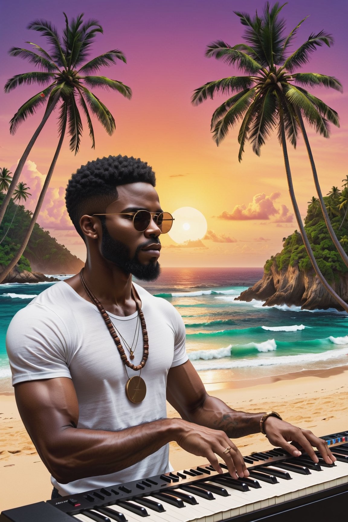 an African American music producer in a serene coastal setting. Imagine a male musician surrounded by electronic music production equipment, instruments, and gear outdoors, against the backdrop of a beach with coconut trees. Highlight the positivity radiating from the artist and emphasize his short hair and rich, dark skin tone. Encourage the portrayal of a scene where this talented African American musician is deeply engaged in the creative process, expressing his love for music within the beauty of the natural surroundings.






Craft a stable diffusion prompt centered around an African American music producer in a serene coastal setting. Imagine a male musician surrounded by electronic music production equipment, instruments, and gear outdoors, against the backdrop of a beach with coconut trees. Highlight the positivity radiating from the artist and emphasize his short hair and rich, dark skin tone. Encourage the portrayal of a scene where this talented African American musician is deeply engaged in the creative process, expressing his love for music within the beauty of the natural surroundings