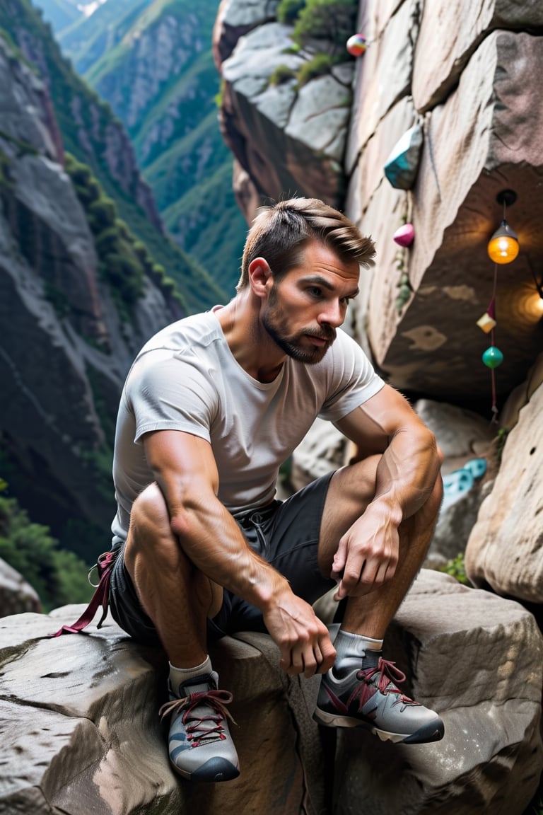 Describe the serene concentration of a 30-something British man, a seasoned white rock climber, as he sits cross-legged before a challenging bouldering wall. Dressed in rock climbing shoes, a crisp white T-shirt, and black shorts, he exudes a calm determination. With focused eyes, he gazes up at the intricate features of the bouldering wall, contemplating his next ascent. Explore the thoughts and emotions that dance within his mind, capturing the essence of the quiet intensity that surrounds this moment of preparation for the upcoming climb