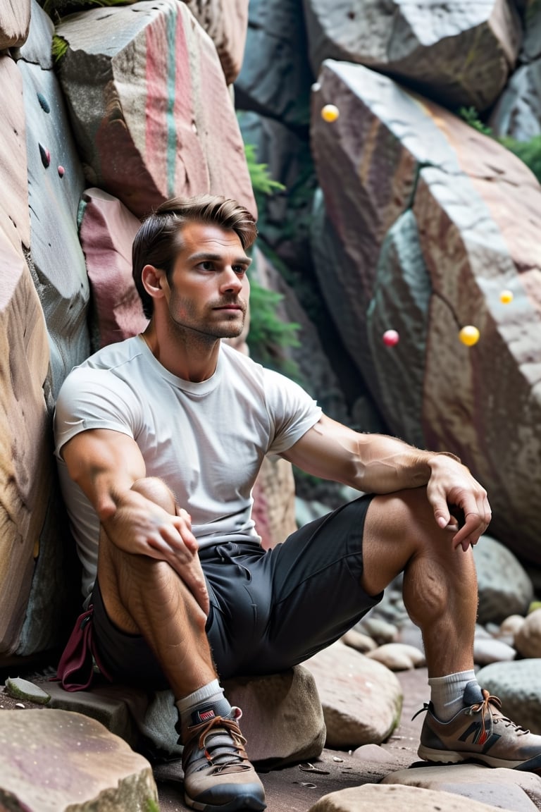 Describe the serene concentration of a 30-something British man, a seasoned white rock climber, as he sits cross-legged before a challenging bouldering wall. Dressed in rock climbing shoes, a crisp white T-shirt, and black shorts, he exudes a calm determination. With focused eyes, he gazes up at the intricate features of the bouldering wall, contemplating his next ascent. Explore the thoughts and emotions that dance within his mind, capturing the essence of the quiet intensity that surrounds this moment of preparation for the upcoming climb