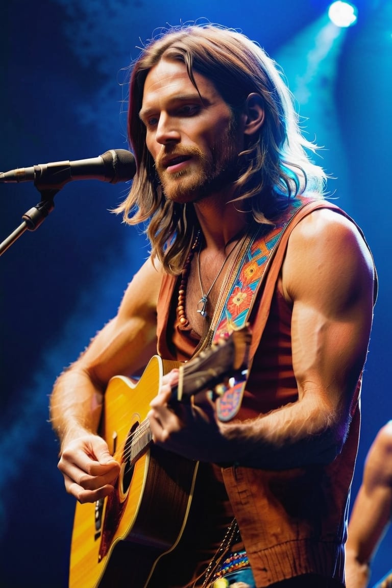 Describe the scene of a charismatic British white rock star in his early thirties, sporting a clean-shaven face, intense blue eyes, and long hair. Dressed in a classic hippie style with vibrant clothing, he stands confidently on a well-lit stage, immersed in the music he creates with his guitar. The atmosphere is electric as a massive crowd cheers and applauds, captivated by his performance. Capture the essence of his connection with the audience and the joy he derives from playing his music.,clean face, blue_eyes,realistic