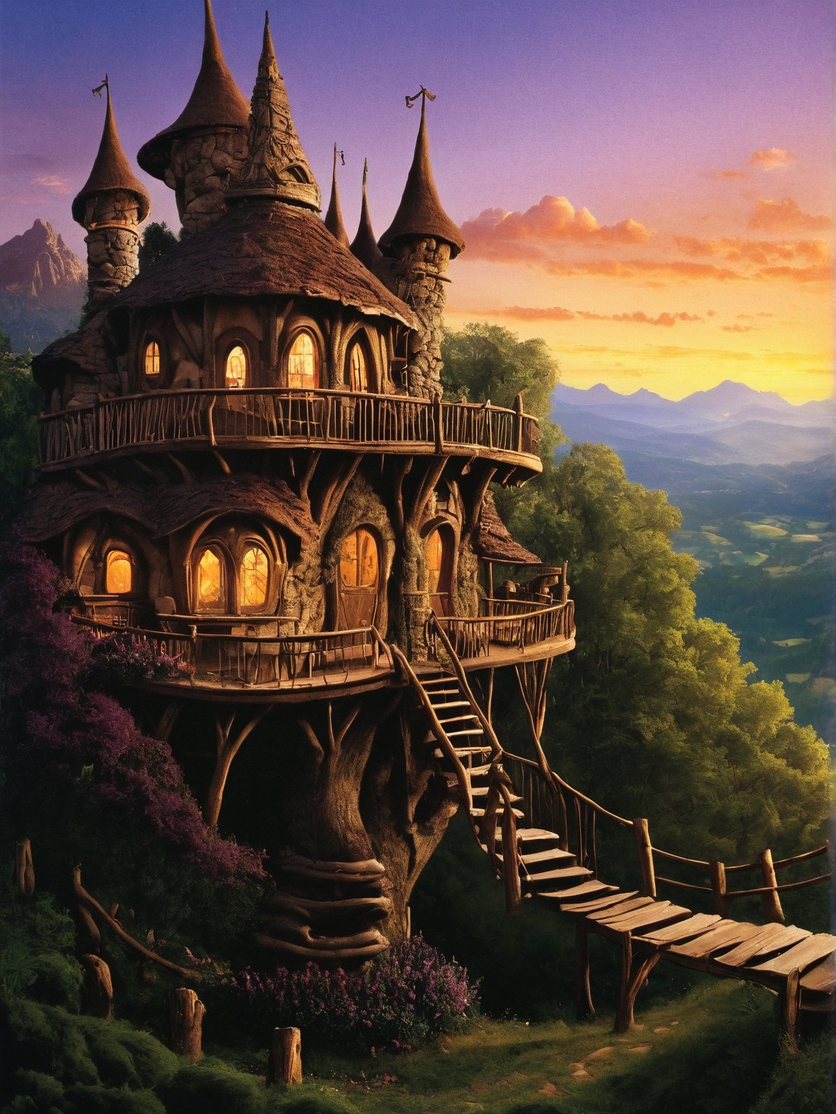 valley, fairytale treehouse village covered, , matte painting, highly detailed, dynamic lighting, cinematic, realism, realistic, photo real, sunset, detailed, high contrast, denoised, centered, michael whelan