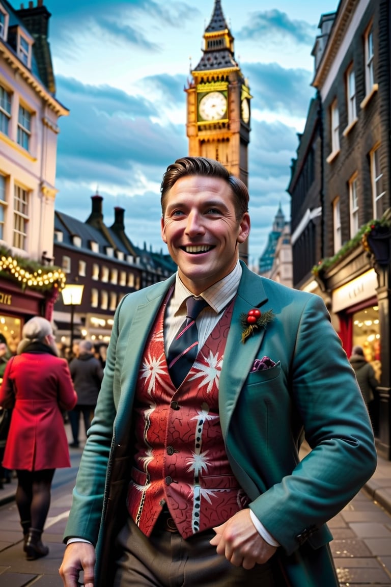 Craft a heartwarming narrative capturing the joyous spirit of Christmas in the bustling streets near London's iconic Big Ben. Focus on a lively and cheerful British man in his 30s, radiating happiness amidst the festive setting. Dressed in trade attire adorned with the unmistakable Union Jack pattern, this male character adds a touch of national pride to the scenic surroundings. Immerse the reader in the vibrant atmosphere of the season, with the Big Ben standing tall in the background. Convey the contagious merriment as the character interacts with the festive holiday crowd. Explore the sights, sounds, and emotions of this Christmas street scene, making the reader feel the warmth and unity of the holiday season in the heart of London