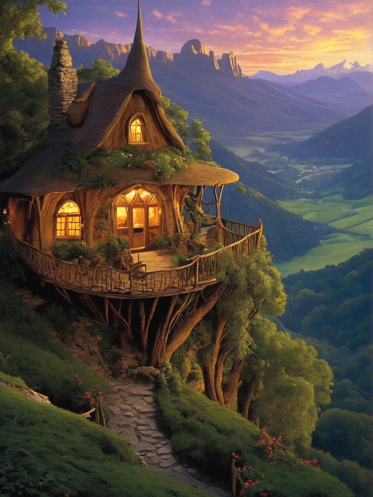 valley, fairytale treehouse village covered, , matte painting, highly detailed, dynamic lighting, cinematic, realism, realistic, photo real, sunset, detailed, high contrast, denoised, centered, michael whelan