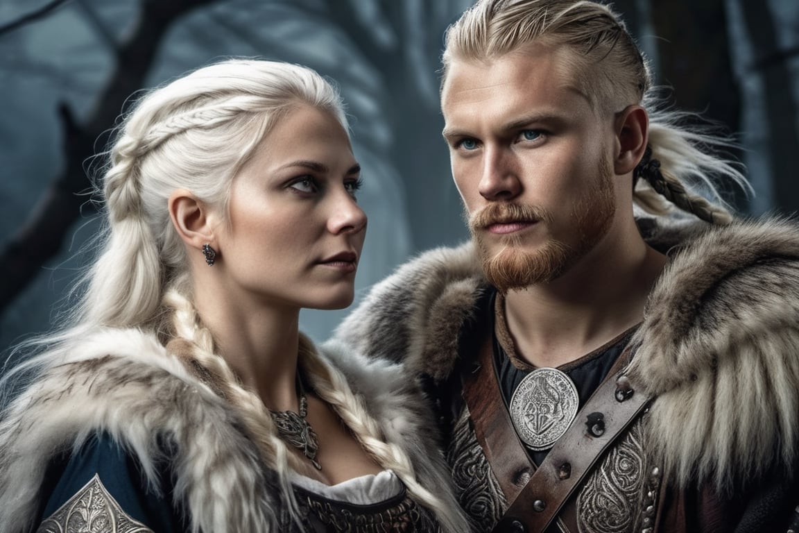 (Realistic-style portrait), (Viking king in his 30s wearing pirate-inspired attire), (Viking princess in her 20s with white hair, wearing pirate-inspired attire), (regal and commanding expressions), (intertwined hands or standing side by side), (detailed Viking pirate clothing), (rich textures and intricate details), (natural and realistic lighting), (fusion of Viking and pirate aesthetics), (royal atmosphere), (authentic character portrayal), (epic composition), (white wolf pack in the background), (detailed fur textures), (forest landscape with moonlight), (highly detailed artwork), (historical and fantasy fusion),photo r3al