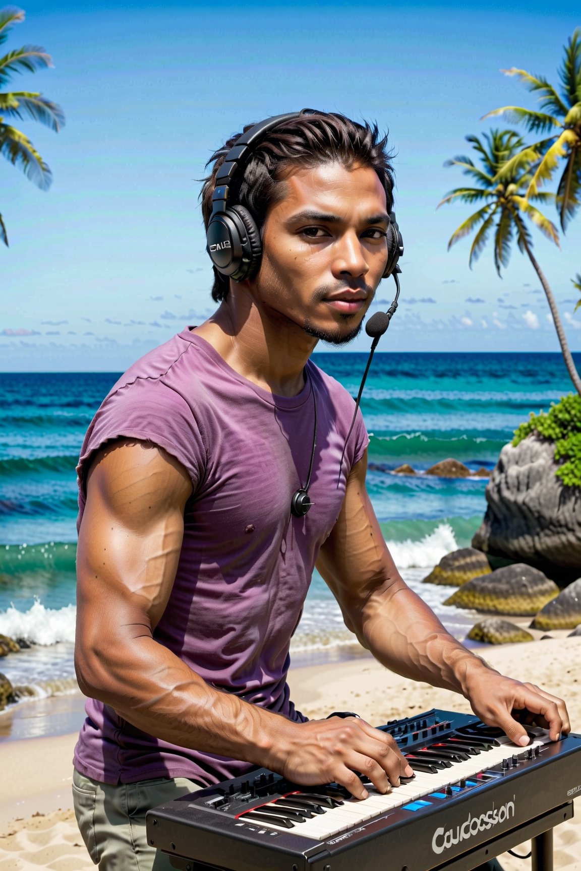 Create a vivid scene for stable diffusion featuring a male music producer immersed in his creative process outdoors, surrounded by the tranquil backdrop of a beach with coconut trees. The setting showcases an array of electronic music production equipment, instruments, and gear. Capture the positive essence of the musician, emphasizing his short hair, and light brown skin. Encourage the artist to express his passion for music freely within this idyllic coastal environment