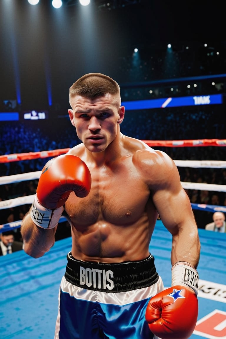 Describe the scene of a victorious moment in a boxing ring. A man in his early 30s, with a clean-shaven face and piercing blue eyes, stands confidently in the center of the ring. He's a British boxer who has just emerged victorious in a fierce battle, proudly donning a white boxing robe. The scent of sweat and adrenaline fills the air as he looks down at his defeated opponent, his orange boxing gloves still raised in triumph. Capture the intensity of the moment, the emotions etched on the boxer's face, and the atmosphere of the boxing ring after a hard-fought victory,clean face, blue_eyes,realistic