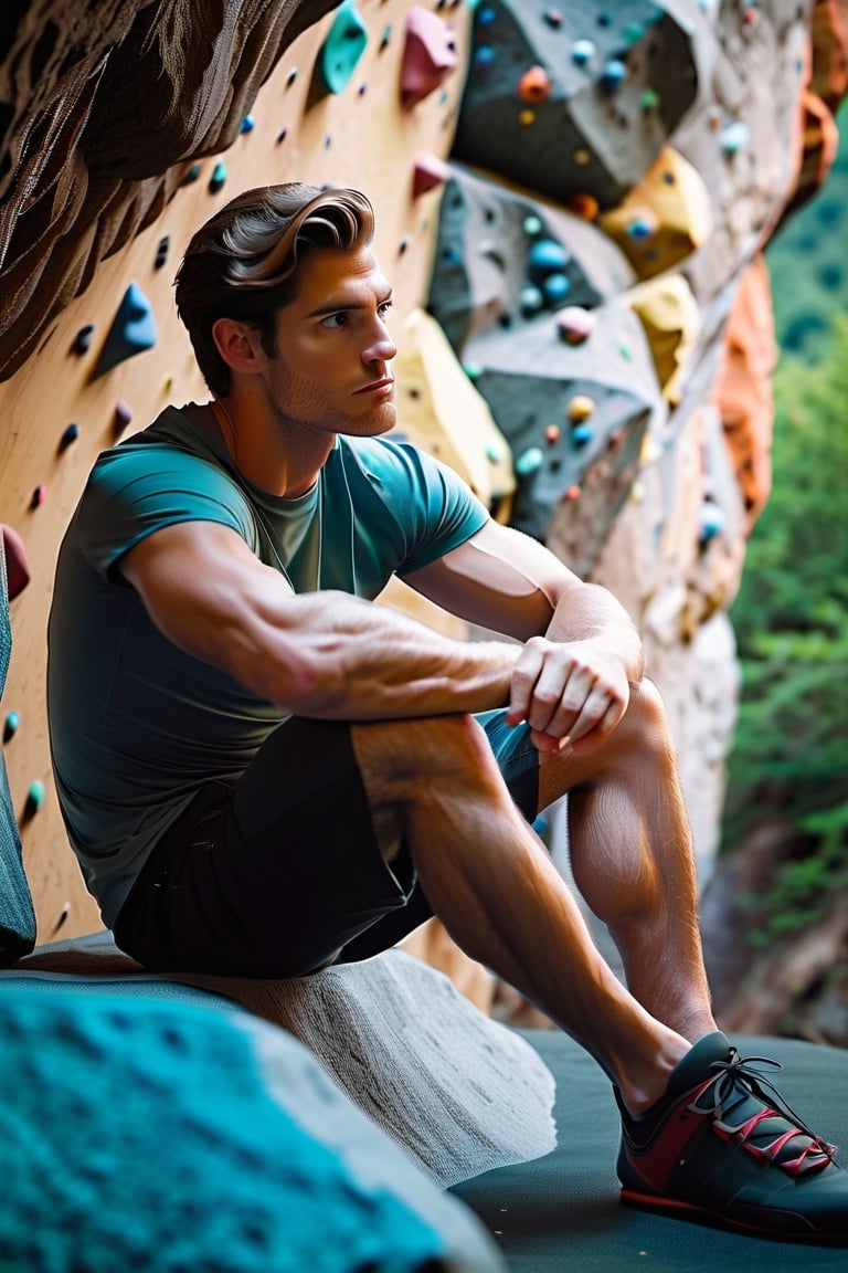 Describe the serene concentration of a 30-something British man, a seasoned white rock climber, as he sits cross-legged before a challenging bouldering wall. Dressed in rock climbing shoes, a crisp white T-shirt, and black shorts, he exudes a calm determination. With focused eyes, he gazes up at the intricate features of the bouldering wall, contemplating his next ascent. Explore the thoughts and emotions that dance within his mind, capturing the essence of the quiet intensity that surrounds this moment of preparation for the upcoming climb,Movie Still,Stylish,clean face, blue_eyes,