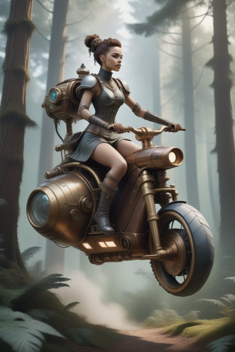 Human riding a hoverbike in the forest,  single character,  cyborg style by QGD on Tensor.Art