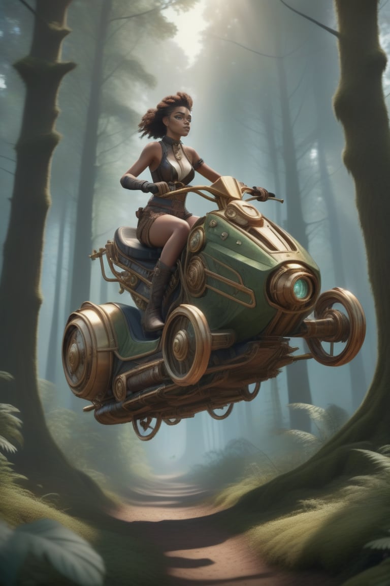 Beautiful human riding a hoverbike in the forest,  single character,  cyborg style by QGD on Tensor.Art