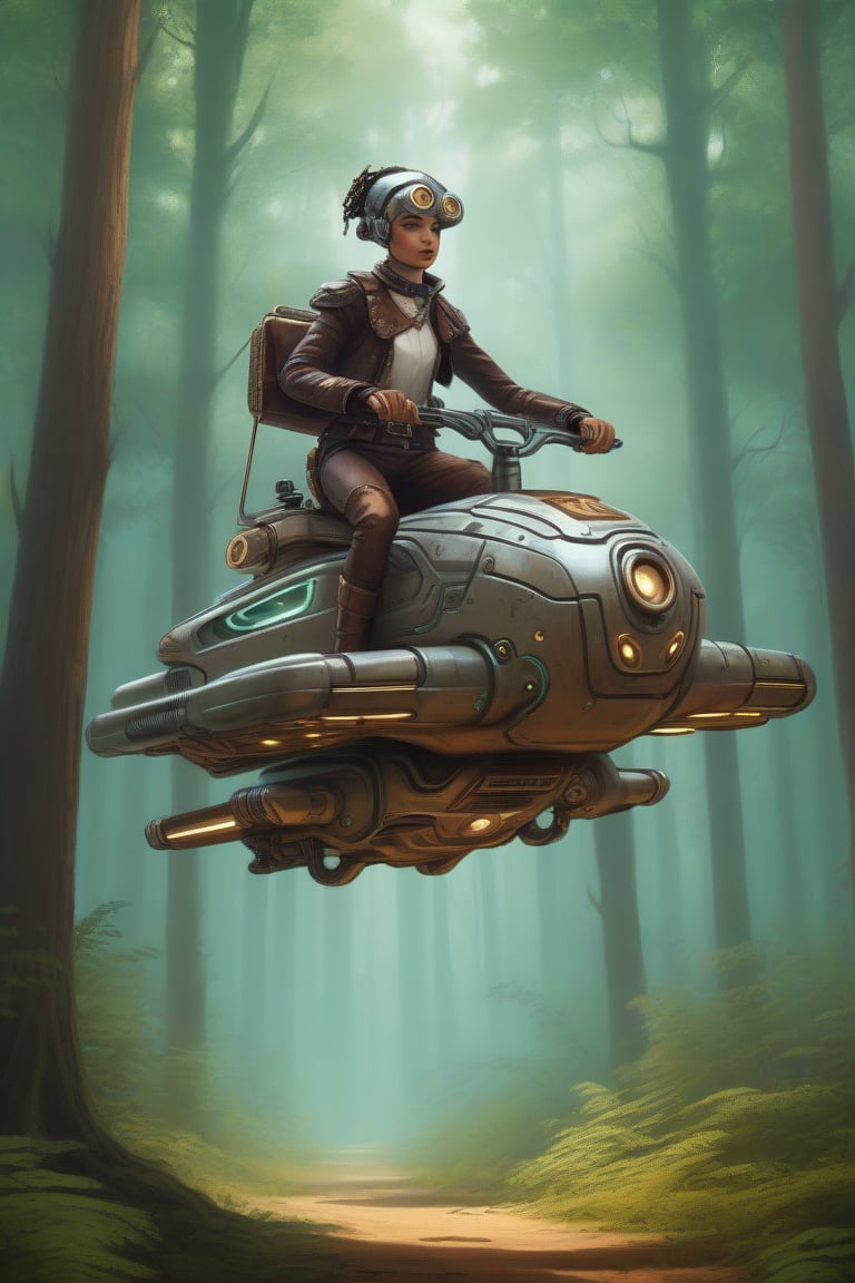 Human riding a hoverbike in the forest,  single character,  cyborg style by QGD on Tensor.Art
