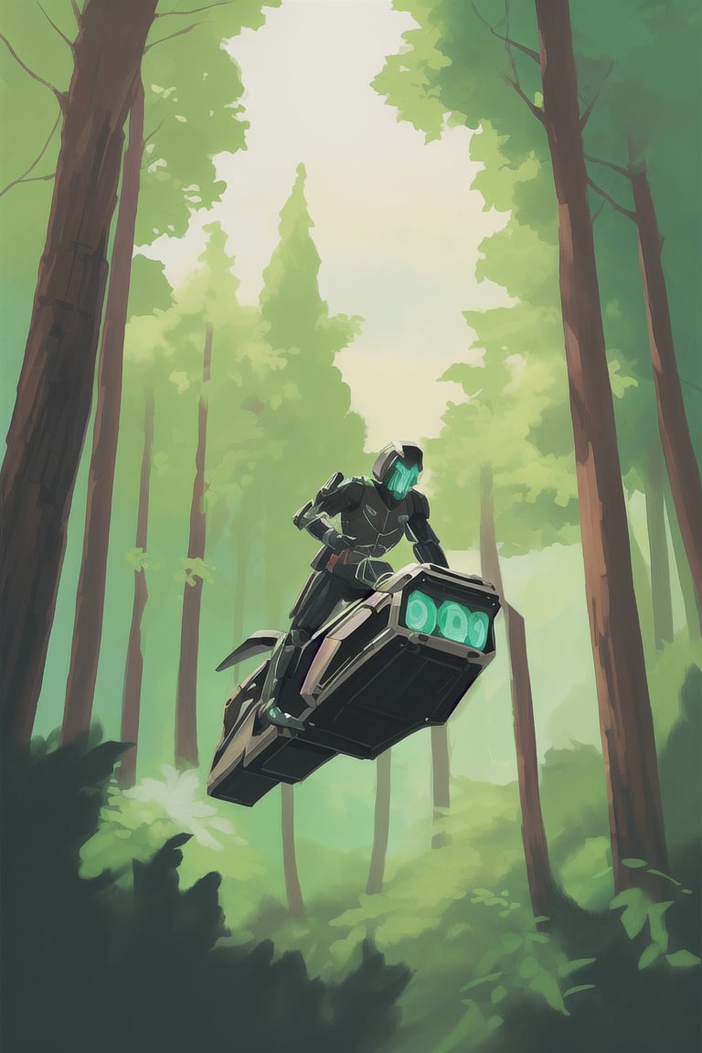 Human riding a hoverbike in the forest, single character,cyborg style,steampunk style