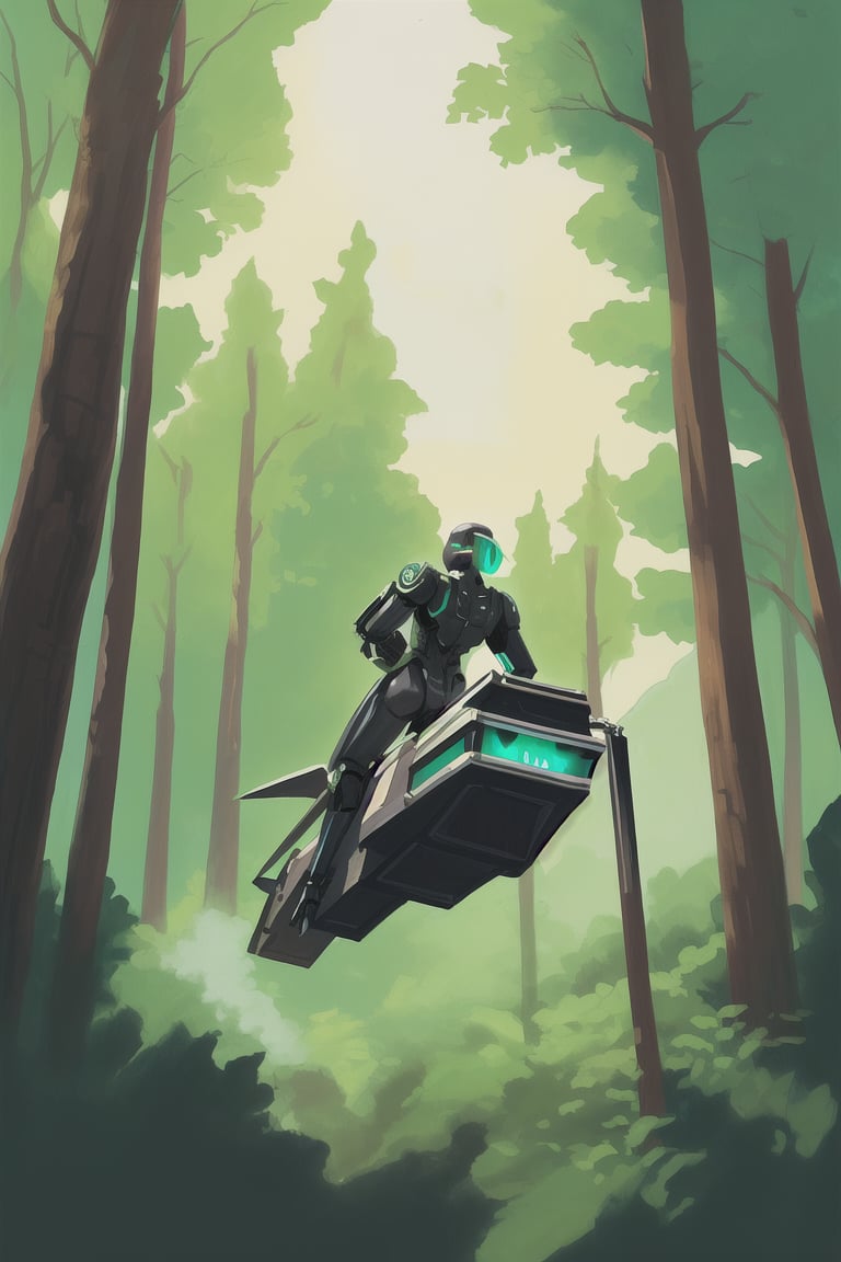 Human riding a hoverbike in the forest, single character,cyborg style,steampunk style