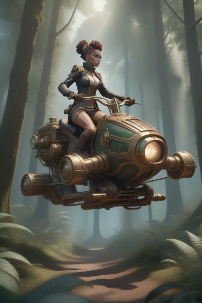Human riding a hoverbike in the forest,  single character,  cyborg style by QGD on Tensor.Art