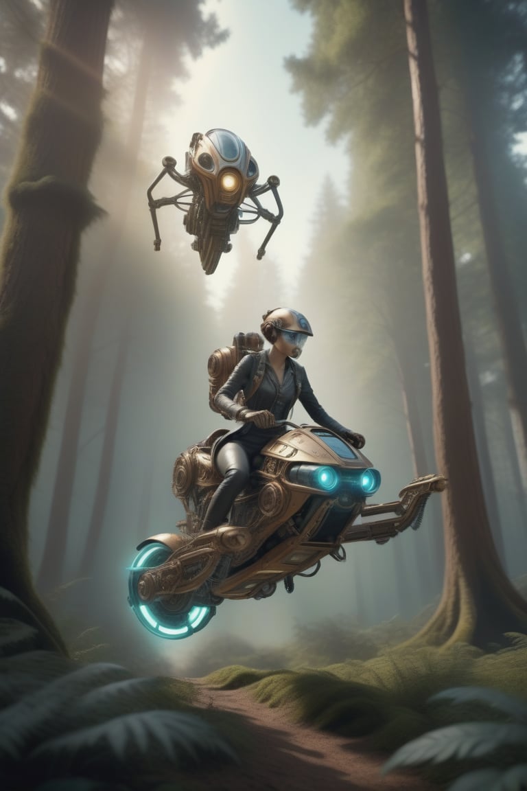 Human riding a hoverbike in the forest,  single character,  cyborg style by QGD on Tensor.Art