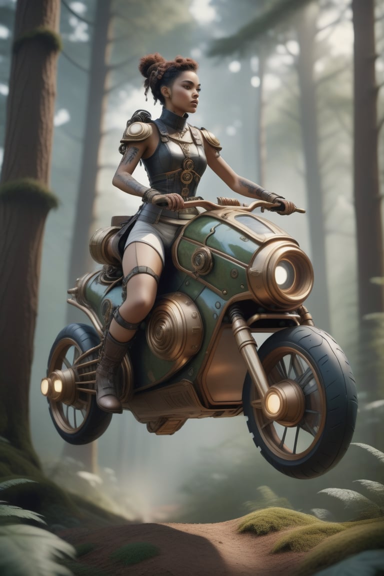 Human riding a hoverbike in the forest,  single character,  cyborg style by QGD on Tensor.Art