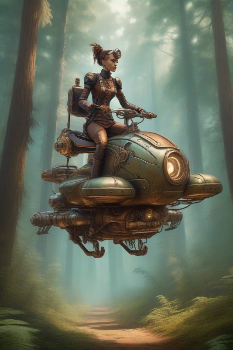 Human riding a hoverbike in the forest,  single character,  cyborg style by QGD on Tensor.Art