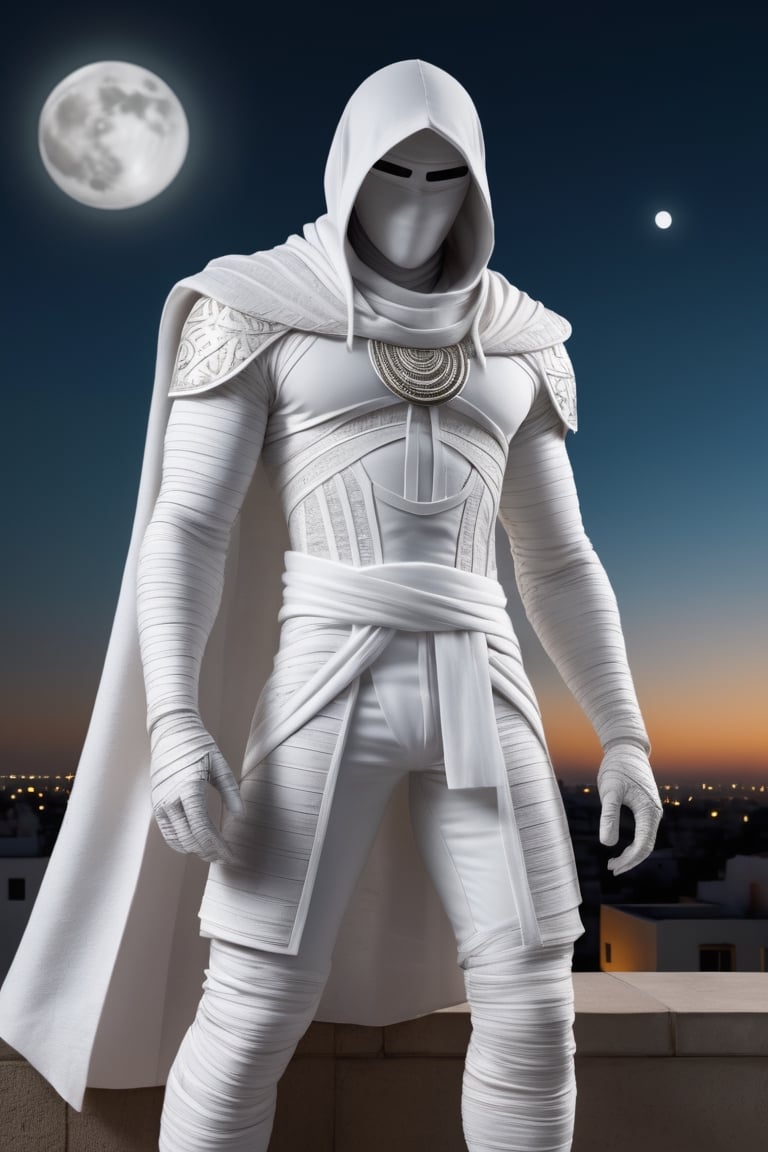 The Moon Knight Khonsu, standing tall on a rooftop garden, his entire face covered by clean bandages, cinematic lightings, confident emotion, white fiery eyes, strong LED lights in his eyes, glowing eyes, realistic shadow, extra fine details, high resolution, 4K definition, extra detailed skin, large bright eyes, dusk time of day, defending pose, bright white eyes, suit made from clean embalming bandages, long strips of bandages floating, strips of bandages surround the background, Crescent Karambits fixated on his chest, fine Egyptian hieroglyphs printed on pants, white bandages form his pants, white hood with Moon Crescent symbol, his cape is covered with long bandages, wind blowing his bandages