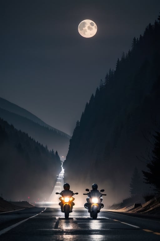 Silhouette of two motorcyclists riding down long straight broad highway into the  cold, misty moonlit night. Low plateaued hills in background.