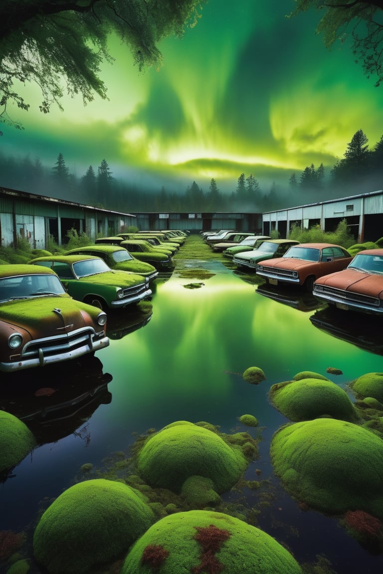 A captivating photograph of an eerie, abandoned parking lot teeming with life. Rusted cars, coated in a lush layer of green algae and moss, blend with their surroundings like living creatures. The sky overhead is tinged with a vibrant, hazy green light, casting an ethereal glow on the scene. This striking image captures the fleeting nature of human presence and the relentless power of nature as it reclaims its domain., photo, cinematic, vibrant