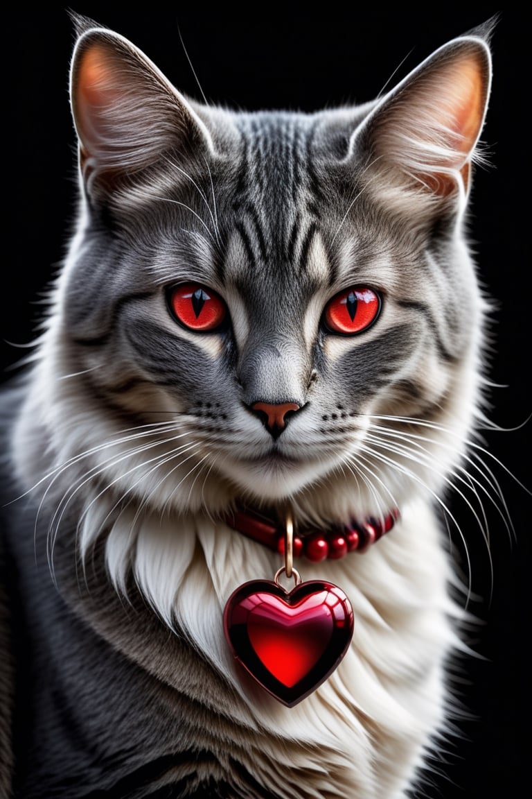 A captivating illustration of a graceful feline cat,  adorned with a delicate red heart pendant,  symbolizing love and bea...