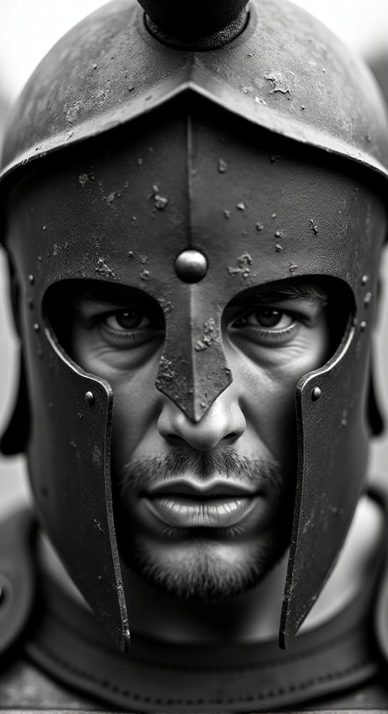 A black-and-white photo of a Spartan warrior's face, half-shadowed under the visor of his helmet. His intense, focused eyes stare forward with resolve, capturing the raw emotion of battle. The worn metal of his helmet and the scars of war are emphasized by the black-and-white contrast.