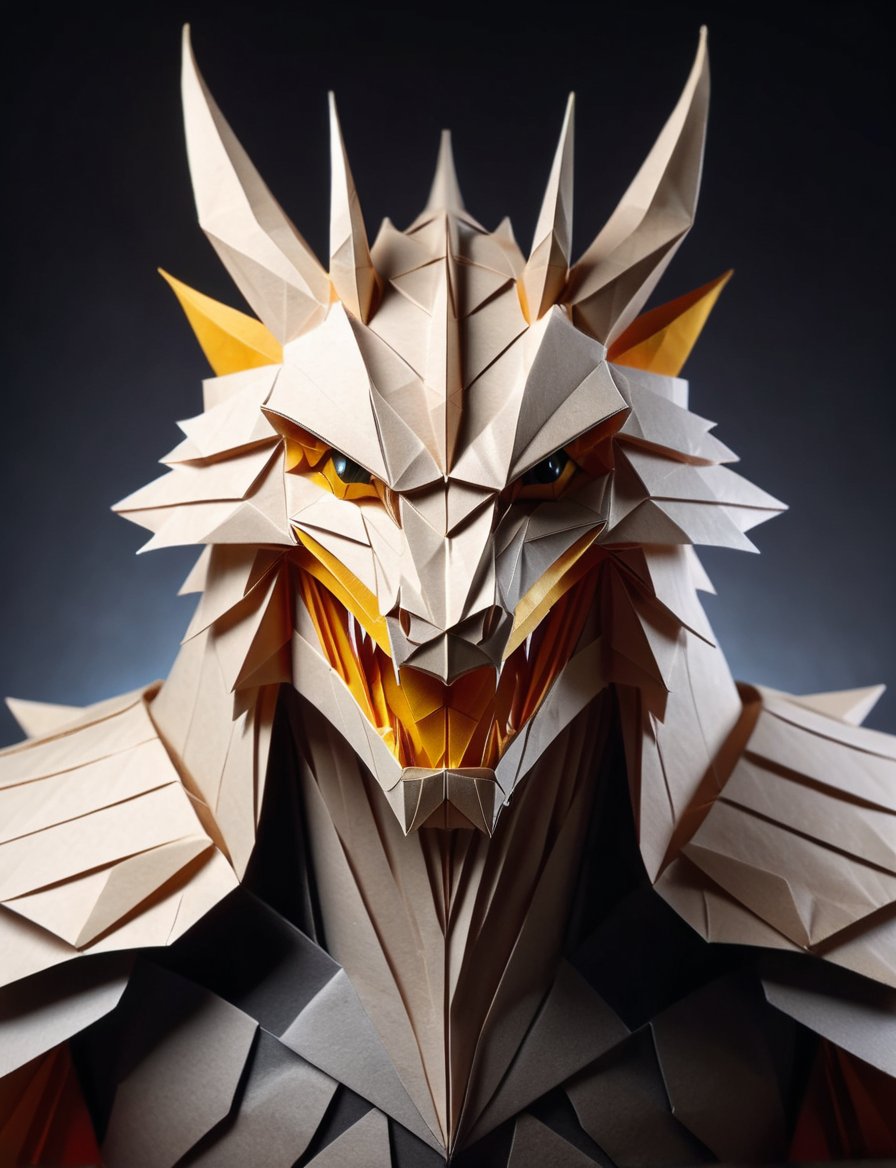 (head and shoulders portrait:2.5), (angry glaring villian paper dragon warrior :2), menacing expression, wearing paper armor , made out of folded paper, origami,  light and delicate tones, clear contours, cinematic quality, dark background, highly detailed, chiaroscuro, ral-orgmi