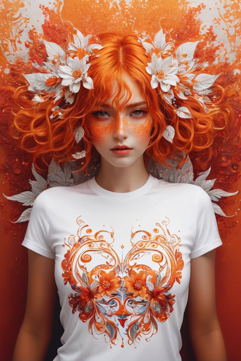 A striking minimalist illustration of a young pretty woman with vibrant orange hair, standing confidently against a simple backdrop. She wears a fitted white t-shirt with wet, clingy orange patches that emphasize her toned figure. A surrealistic humanoid face, adorned with vivid red flowers and intricate golden and red circuitry, creates a futuristic and technological vibe. The captivating red eyes draw the viewer in, while the swirling kaleidoscope background hints at an energetic and lively atmosphere. The image exudes a mystical, otherworldly charm and evokes the essence of dark fantasy fashion.