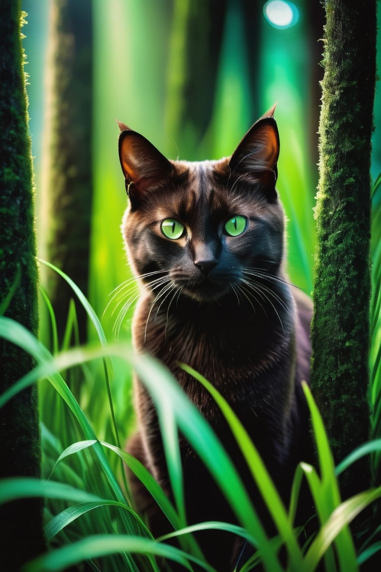A captivating blend of nature and human elements featuring a captivating brown-eyed cat,  with a striking pair of intense...