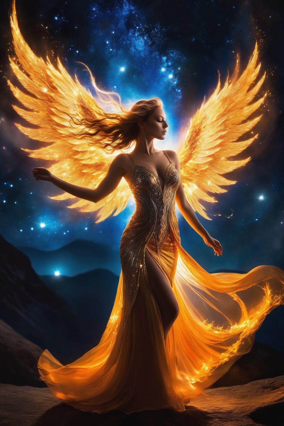 In a realm of swirling flames and radiant light, Fantasies Alburn stands poised, her ethereal wings ablaze like comets in the darkness. She dances, her form a blur as she twirls amidst starlight and sparks. A cosmic goddess, divine desire courses through her being as she embodies celestial essence with wings that shimmer like stardust. His timeless beauty is reflected in the fiery backdrop, a celestial show unfolding before us.